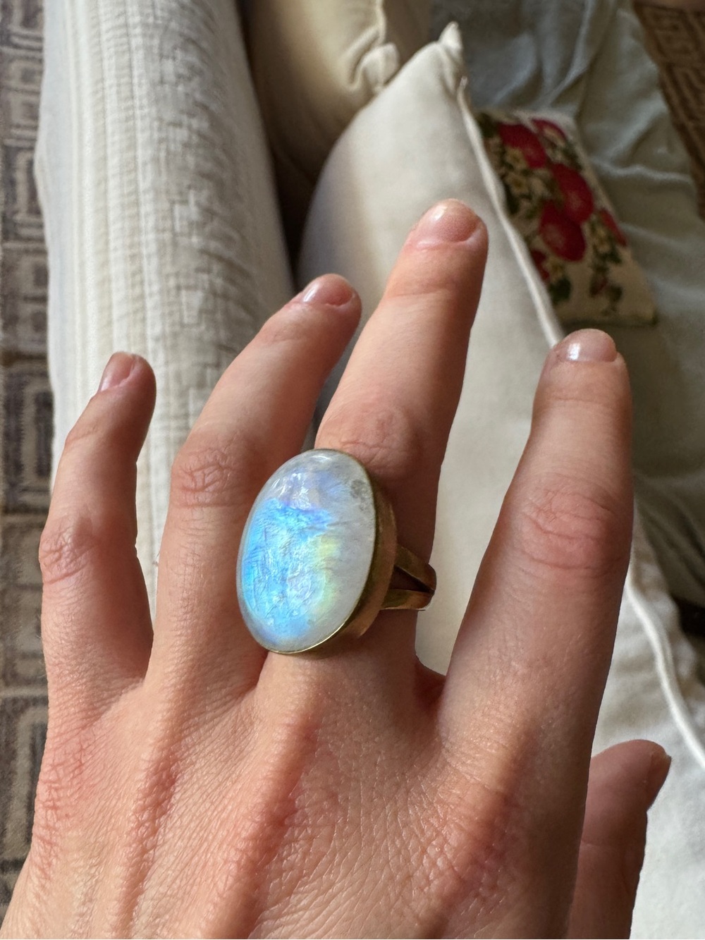 Large Moonstone Oval Statement Ring | Iridescent Blue | Handmade Brass